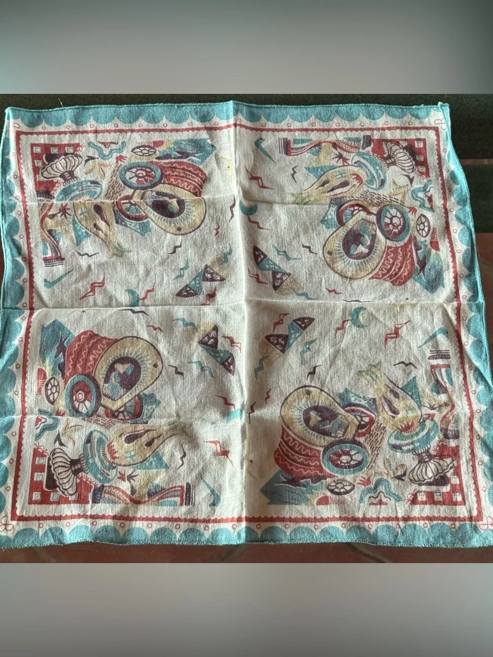Vintage Mid Century Mexican Themed Print Handkerchief Great Condition!